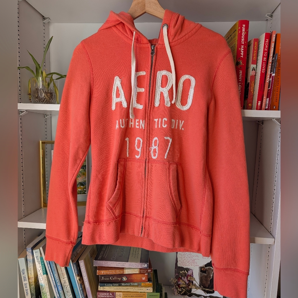 Aeropostale Y2K Women's Hoodie Coral Red Full Zip-Up Size Large Early 2000's